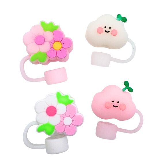 Floral Cloud Pastel Silicone Straw Cover Toppers 4 Piece Set 10mm Straws Kawaii - Picture 1 of 3